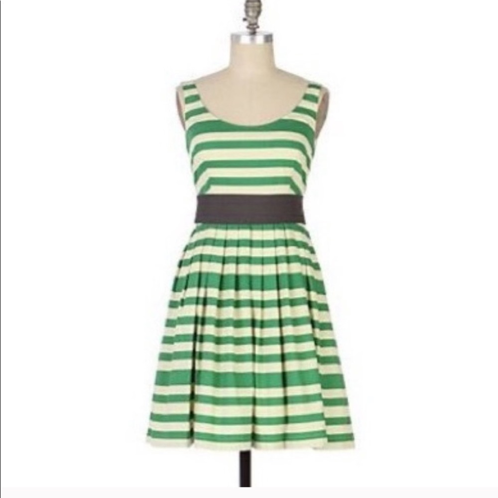 Anthropologie Green and White Striped Sleeveless Fit-and-Flare Dress